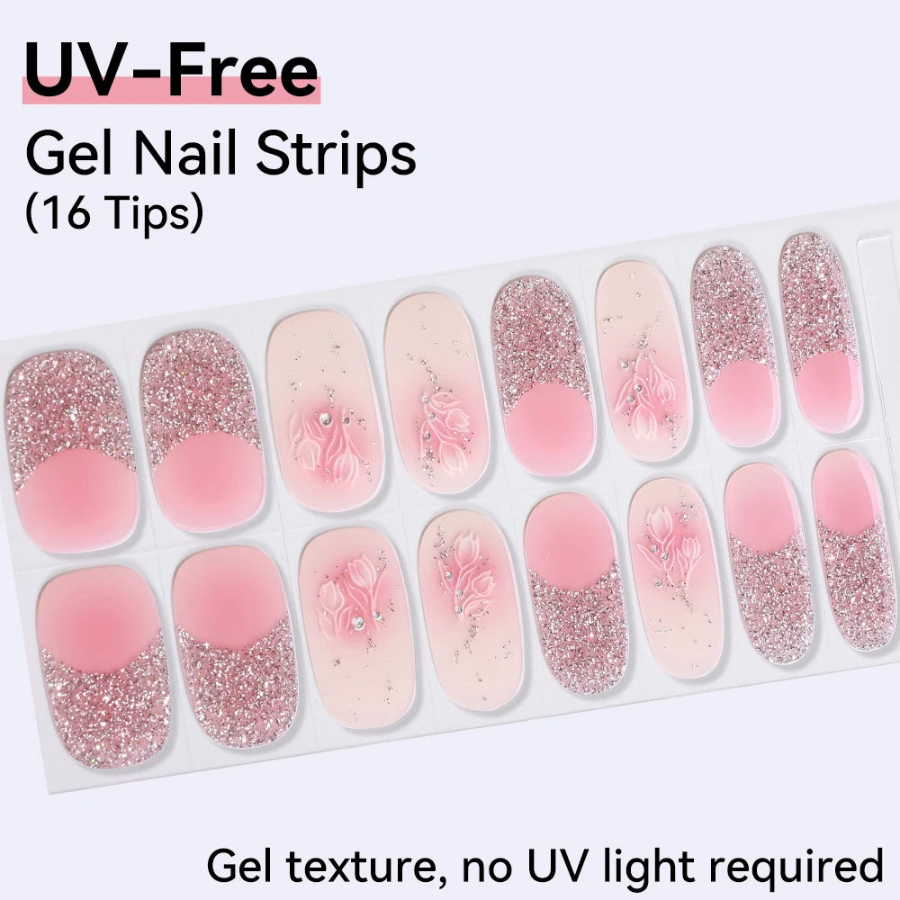 UV FREE Fully Cured Gel Nail Strips 16/22 Tips Self Adhesive Gel Nail Stickers DIY Nail Art Manicure DON'T NEED UV LAMP