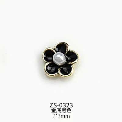10PCS Glossy White Black Dimaonds Pearls Gold Edge Camellia Rose Flowers Metal Nail Art Rhinestones Jewelry Manicure Decorations