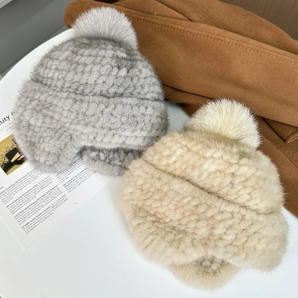 New Winter Ladies Real Mink Fur Hat Warm Thickened Ear Protection Knitted Cap Ladies Winter Fashion Accessories