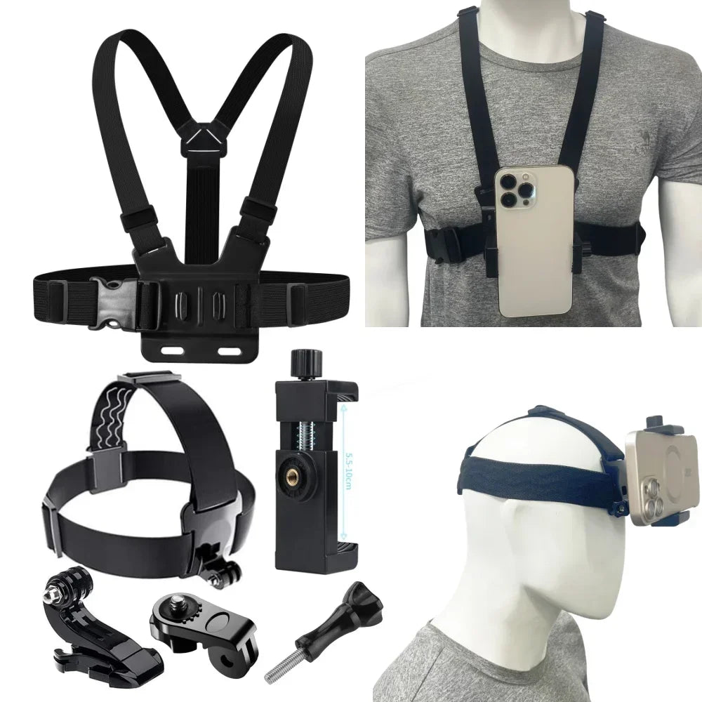 6in1 Action Camera Accessories Kit Head Strap Chest Strap Mount Adjustable Holder for Action 6 5Pro GoPro DJI Smartphone Bracket