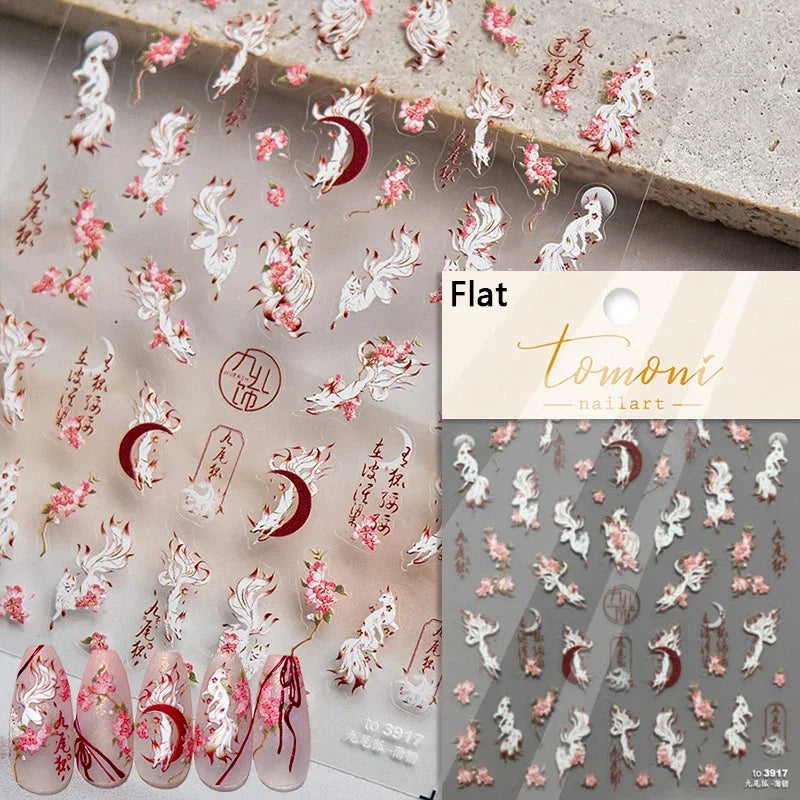 Elegant Chinese Charm Shiny Nine-tailed Fox Mask Red Equinox Flowers Tragedy Love Soft Reliefs Nail Art Stickers Manicure Decals
