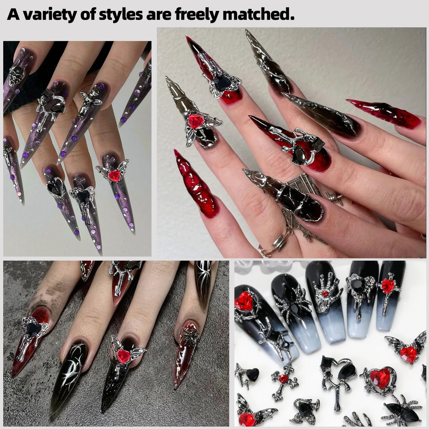 12 Grid Retro Alloy Nail Art Jewelry Gothic Punk Style Y2k Heart-Shaped Cross Spider Pattern DIY Nail Decoration Accessories
