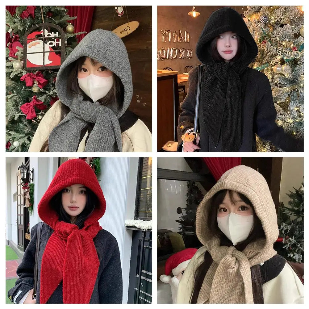 Winter Hats for Women Knitted Polyester Hooded Scarf Hat for Women Balaclava Knit Skull Cap Beanie Hat