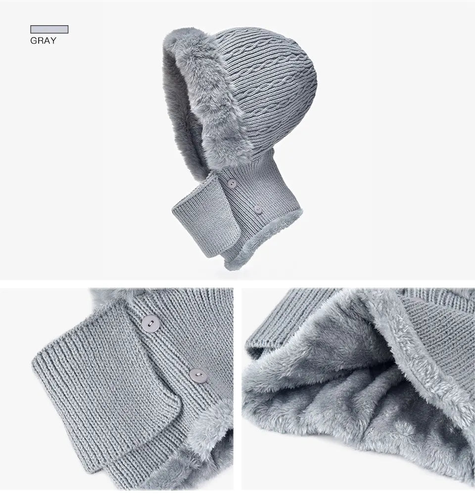 BeauToday Winter Knitted Hat Women Faux Fur Ear Protection Beanies Female Hooded Neck Collar Adjustable Earflap Caps 96502