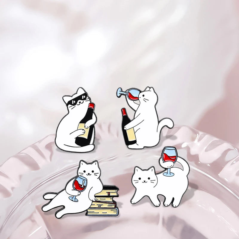 Cartoon white cat brooch, cat red wine, cute backpack, accessories, clothing decorations, zinc alloy badge