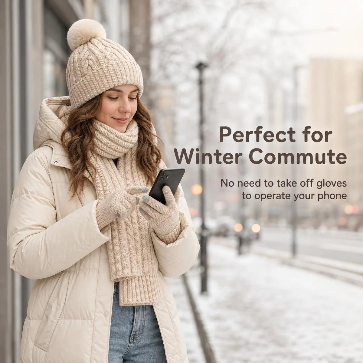 Women Winter 3Pcs Set Pom Pom Beanie Hat Scarf Touch Screen Gloves Sequin Knitted Warm Outdoor Accessories Christmas Gifts