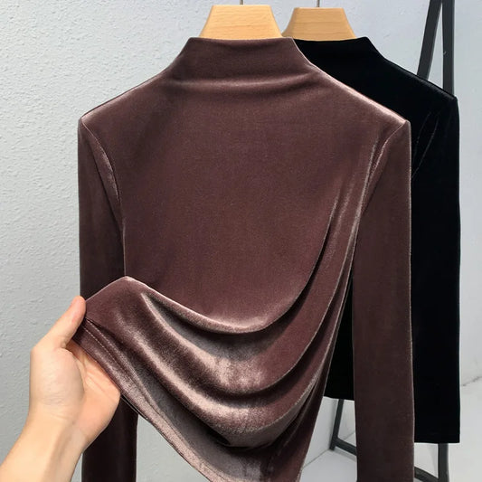 Semi Turtleneck Long Sleeve Velvet T-shirts Autumn Winter Warm Keep Basic Tops XYFS- J3D1135