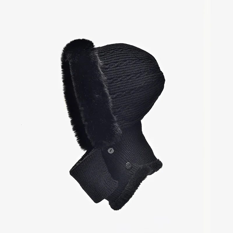BeauToday Winter Knitted Hat Women Faux Fur Ear Protection Beanies Female Hooded Neck Collar Adjustable Earflap Caps 96502