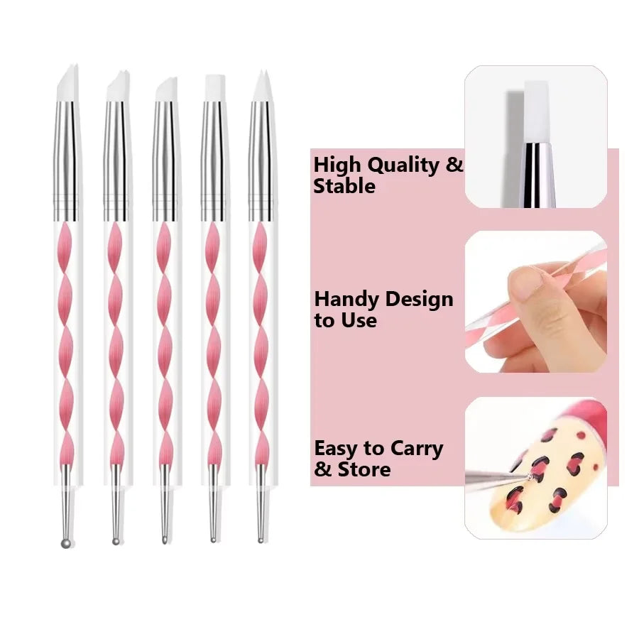 5Pcs Double Ended Nail Art Brush Acrylic Silicone Point Flower Nail Pen Stainless Steel Dotting Tools Marbleizing Painting Pens