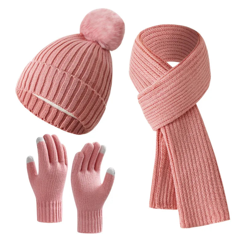 Women Winter 3Pcs Set Pom Pom Beanie Hat Scarf Touch Screen Gloves Sequin Knitted Warm Outdoor Accessories Christmas Gifts