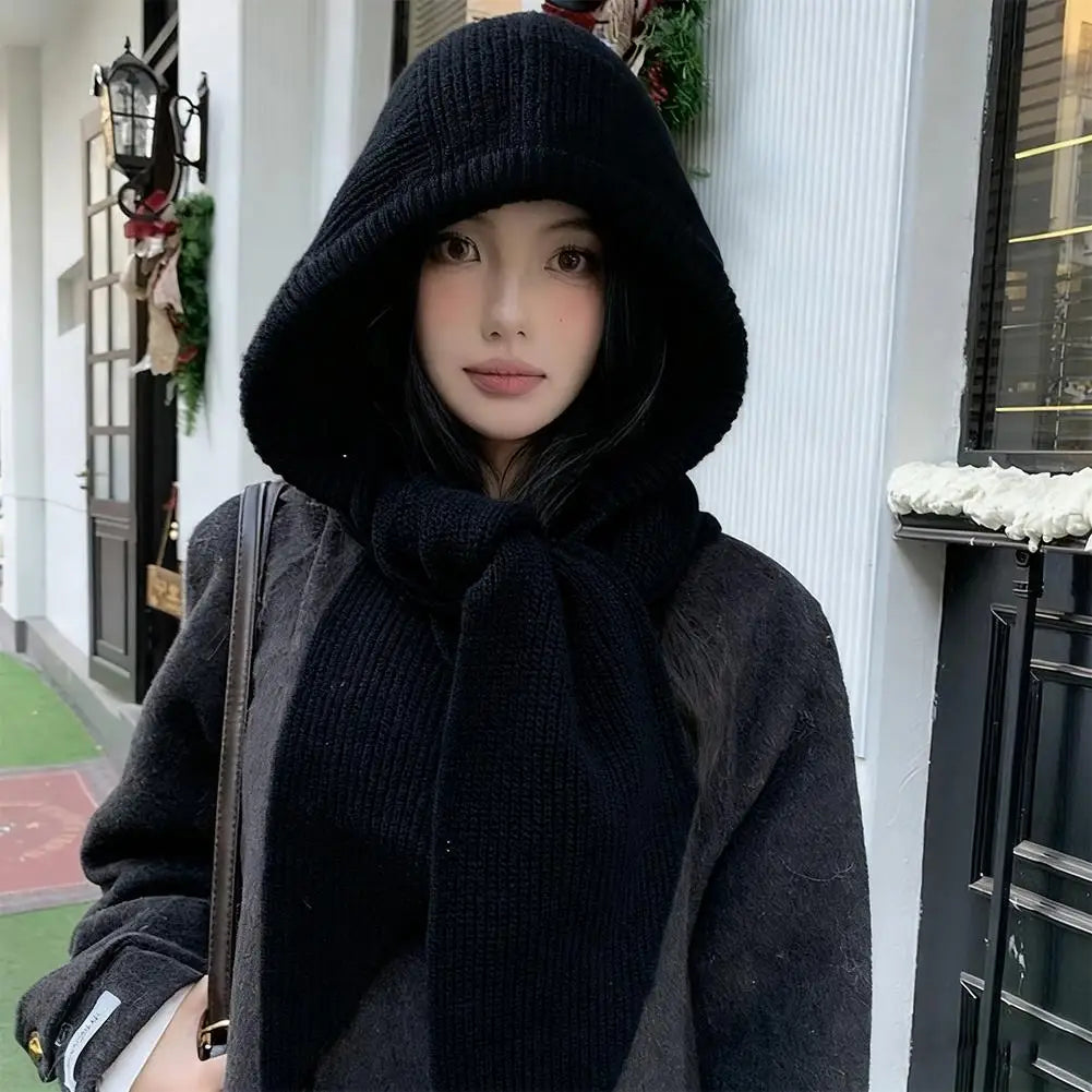 Winter Hats for Women Knitted Polyester Hooded Scarf Hat for Women Balaclava Knit Skull Cap Beanie Hat