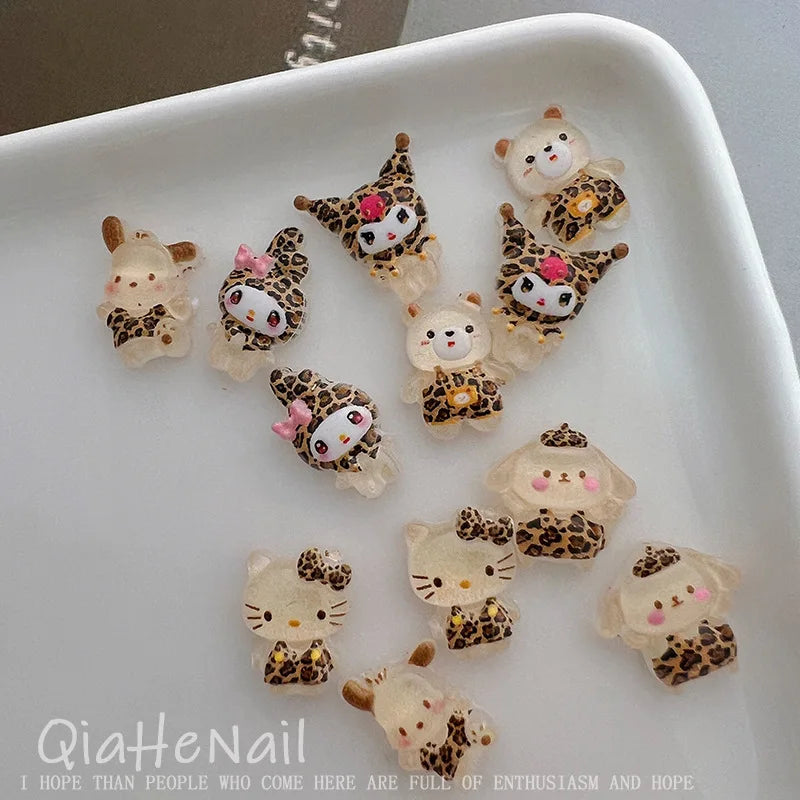 50Pcs Leopard Print Hello Kitty Nail Charms 3D Resin Cartoon Kitty Nail Parts DIY Manicure Decor Accessories