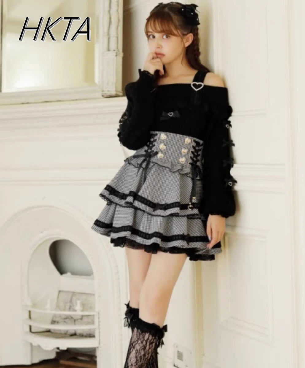 Original Japanese Mines Lolita Strap Skirts Women High Waist and Thin Frilly Pleated Skirt College Style Liz Girl Plaid Skirt