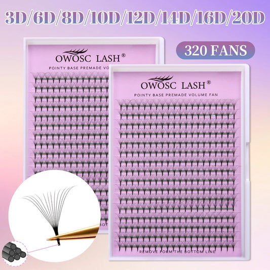 OWOSC 320 Fans Pointy Base Premade Volume Fans Medium Stem Sharp Thin Pre Made Russian Volume Fan Eyelash Extensions Custom Logo