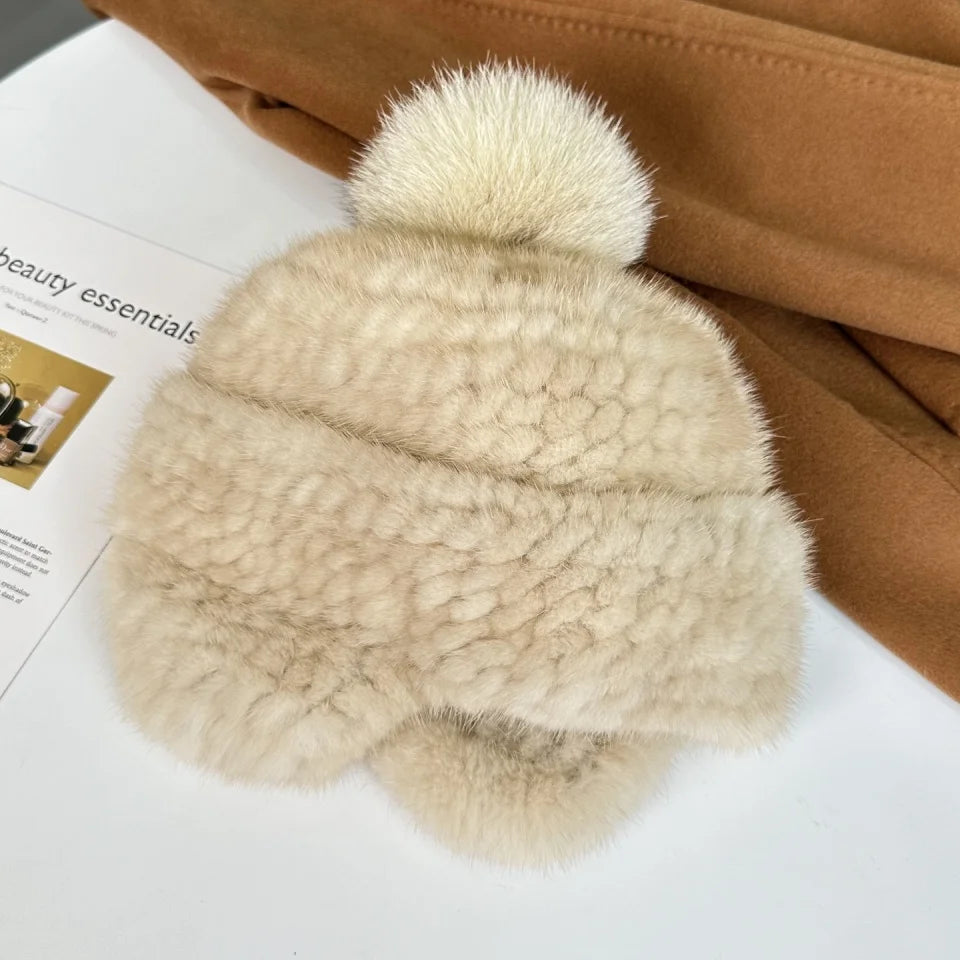 New Winter Ladies Real Mink Fur Hat Warm Thickened Ear Protection Knitted Cap Ladies Winter Fashion Accessories