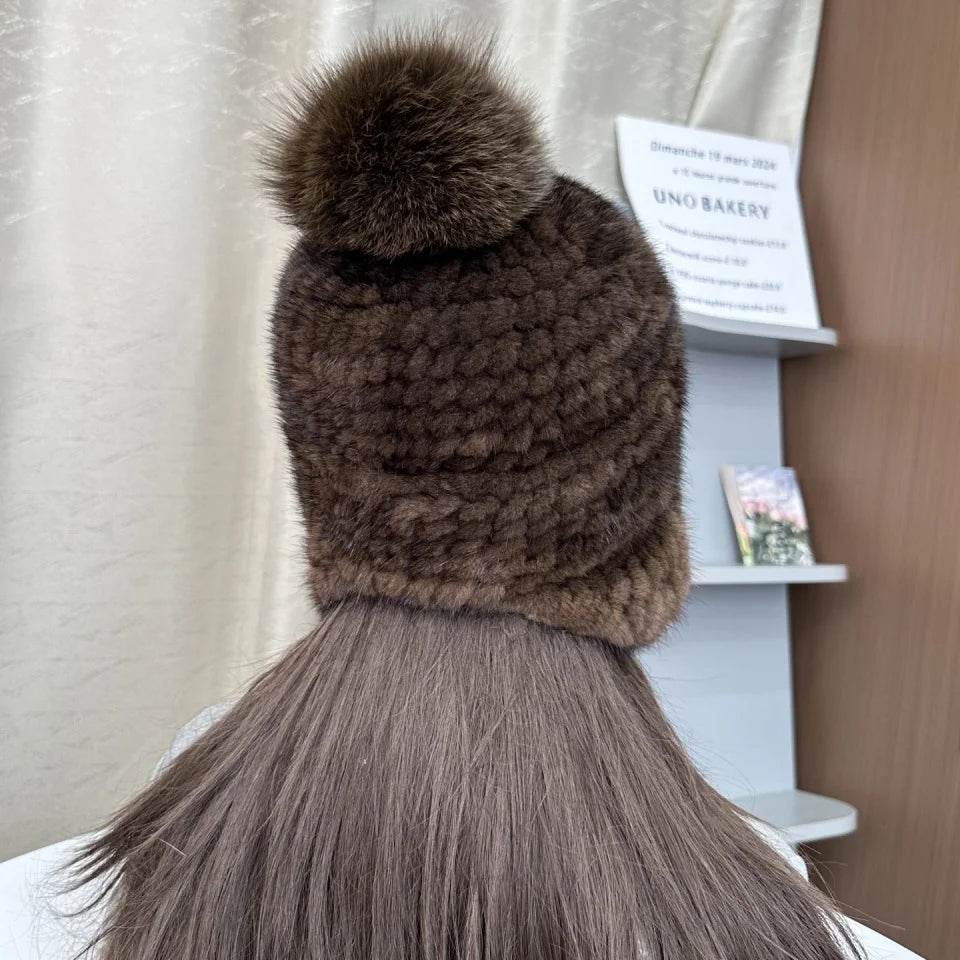 New Winter Ladies Real Mink Fur Hat Warm Thickened Ear Protection Knitted Cap Ladies Winter Fashion Accessories
