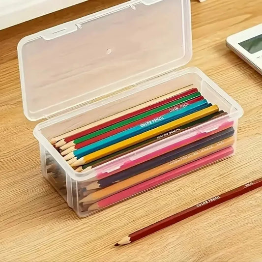 transparent PP storage boxes with lids, used for storing office supplies, pencils, and crafts