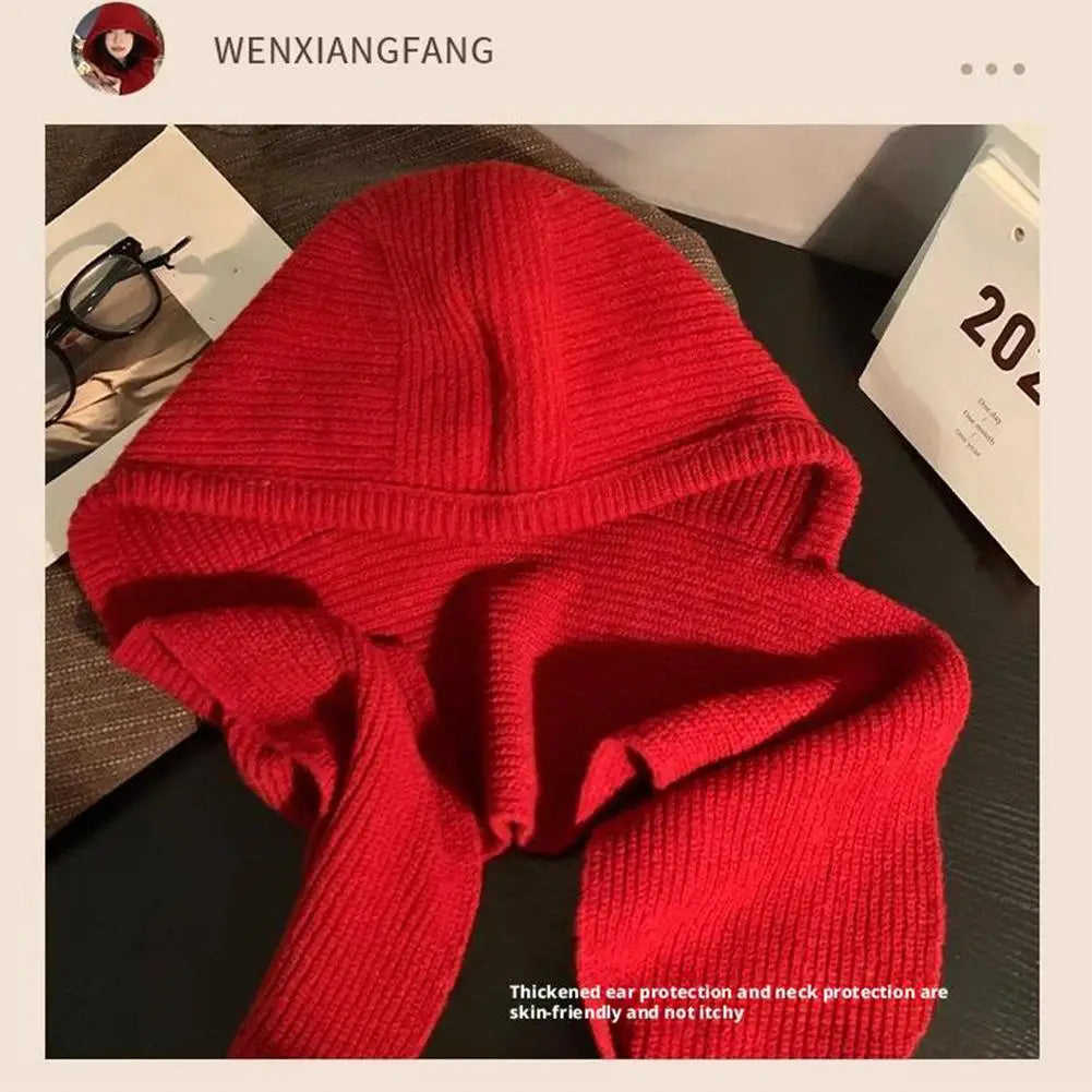 Winter Hats for Women Knitted Polyester Hooded Scarf Hat for Women Balaclava Knit Skull Cap Beanie Hat