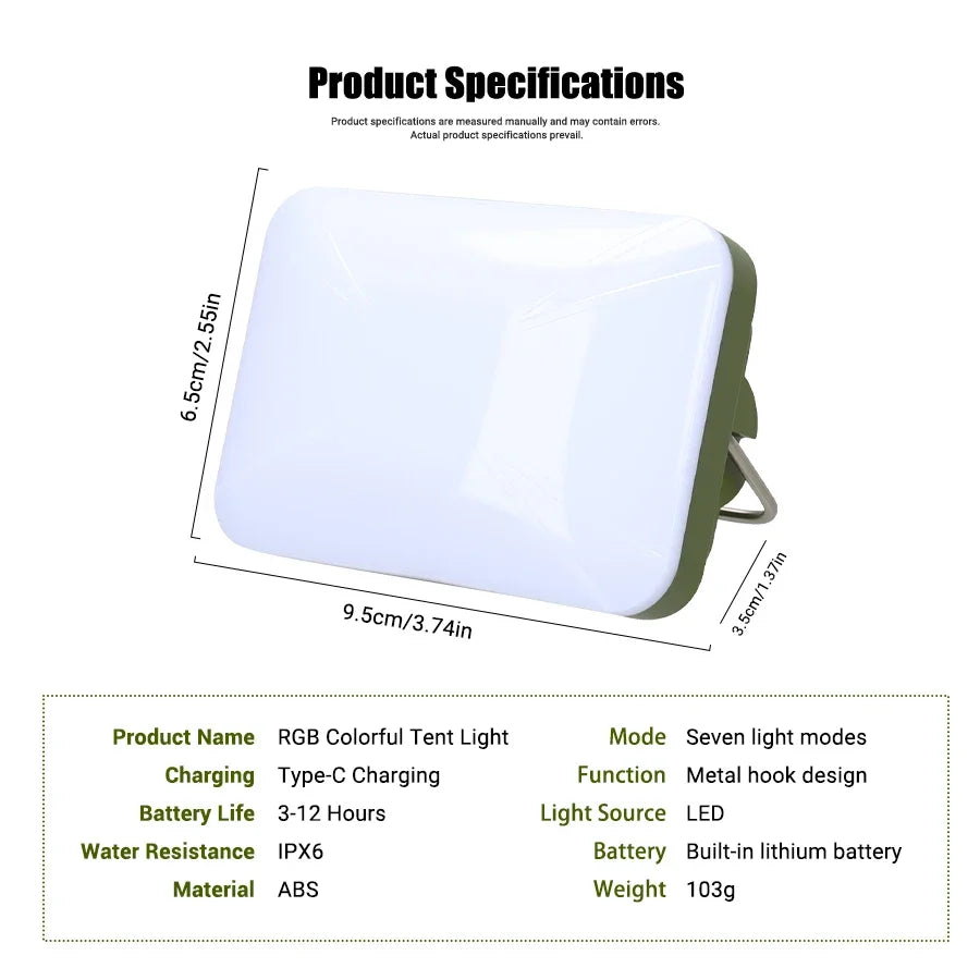 Rechargeable Camping Lamp w/ Hook-7 Light Modes, Outdoor Waterproof, Portable Lantern for Backpacking,Tent Lighting Hiking Trips