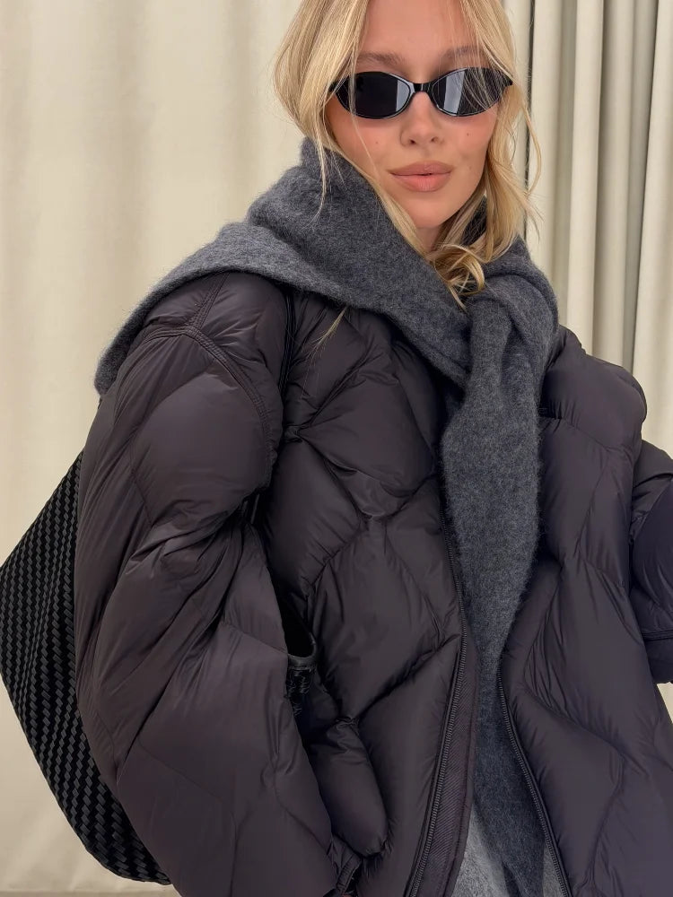 Women Diamond Quilted Puffer Jacket Stand Collar Zip Up Loose Oversized Short Coat 2026 Autumn Winter Casual Street Outerwear