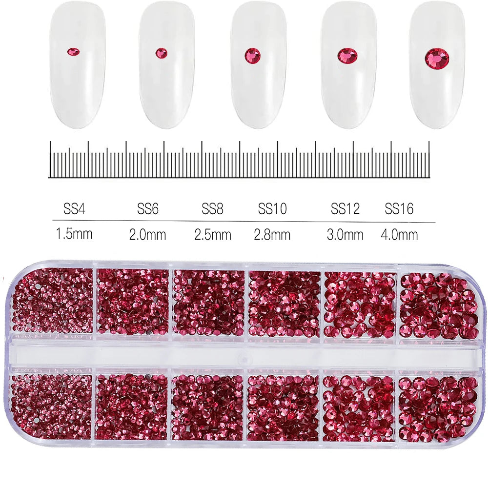 12Grid/1500PCS Shiny Crystal Nail Art Rhinestones SS4-16 Silver 3D Flatback Semicircler Nail Charms Gemstones for DIY Decoration