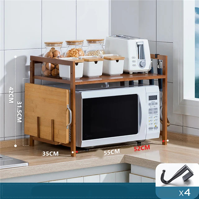 New Kitchen Countertops Storage Shelf Multi-Layer Bamboo Adjustable Microwave Oven with Hanging Hook Chopping Board Holder