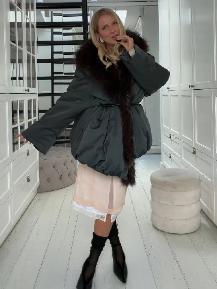 Winter Chic Faux Fur Collar Cotton Coat Women's Elegant Belted Waist Tie Oversized Warm Jacket Lady Daily Trendy Outerwear New