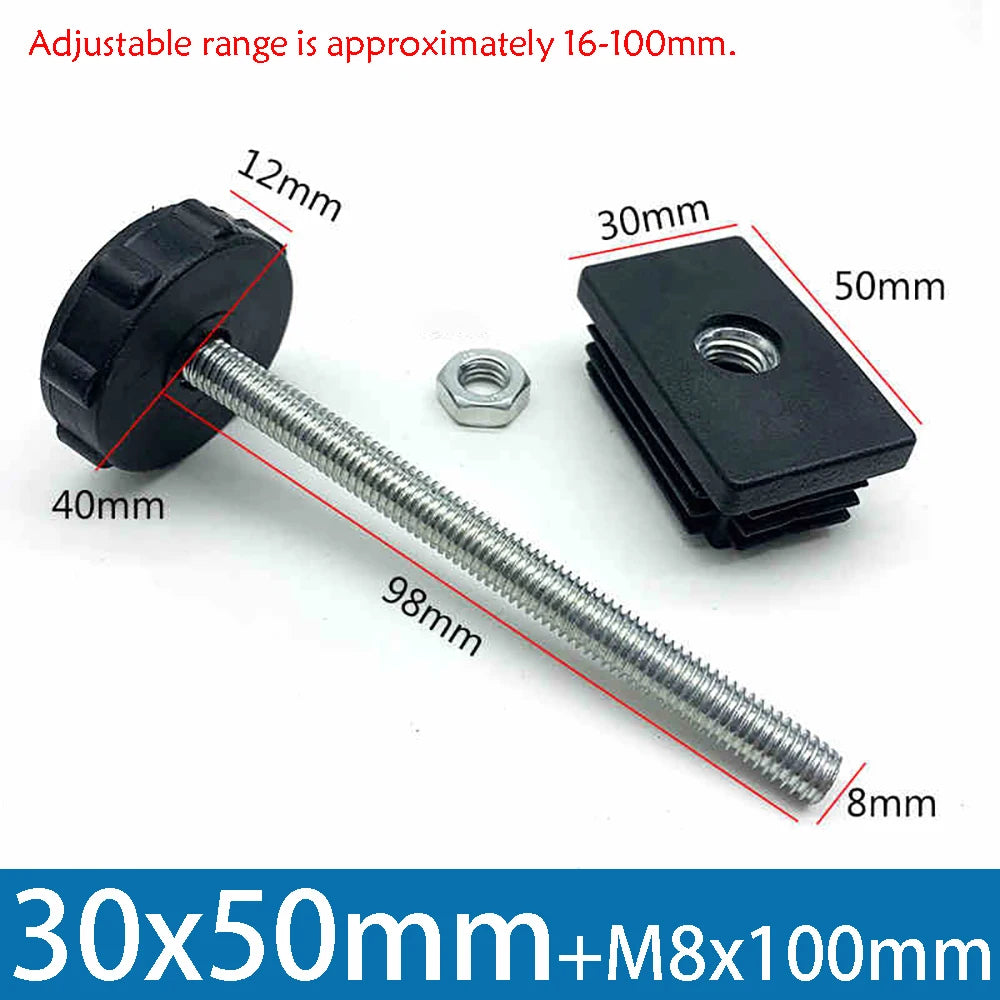 1-10Pcs Table Leg Plug With Nut and Adjustable Feet M8/M0x50/100mm Black Square/Round Furniture Rack Height Adjustable Foot Cup