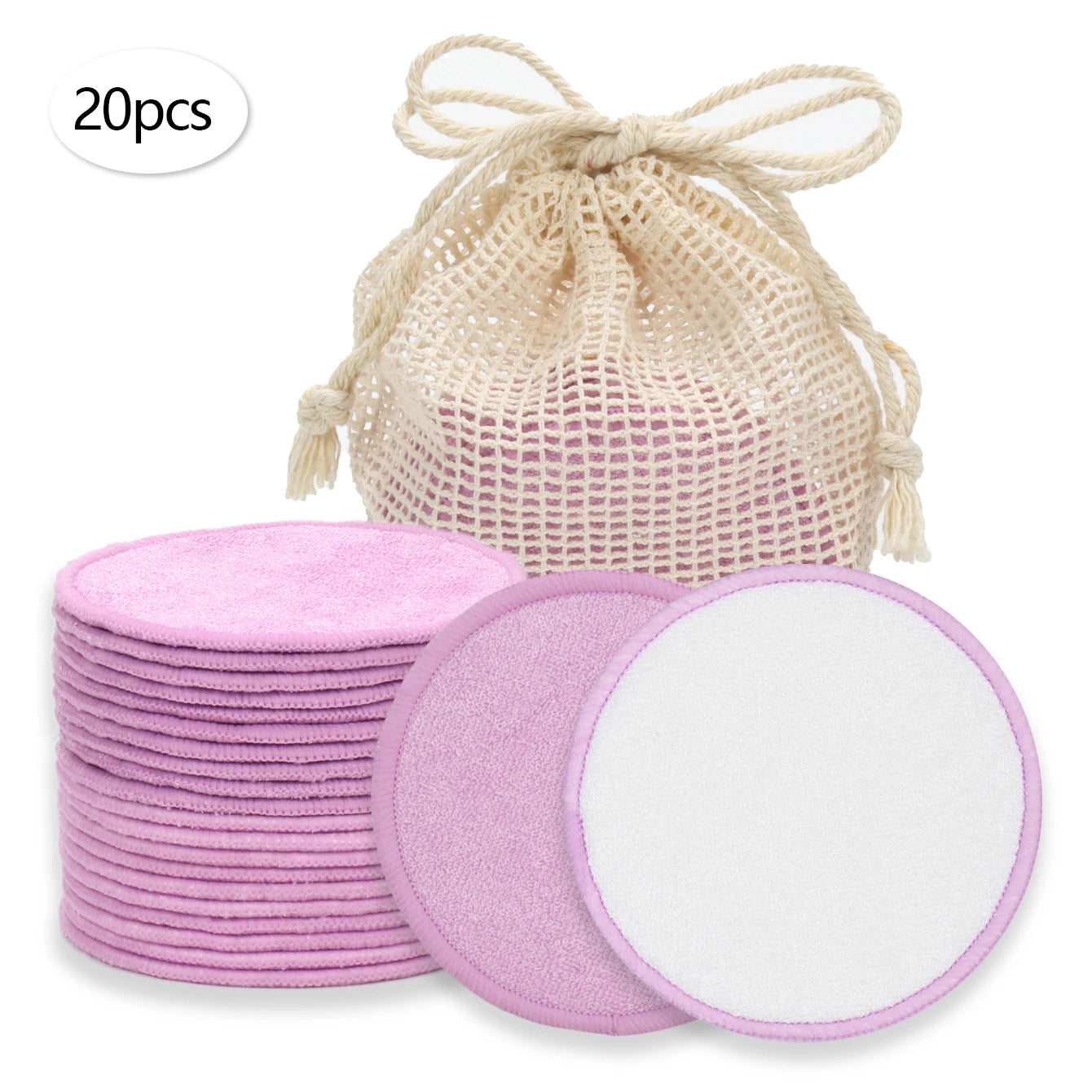 Double Round Makeup Remover Pads 20Pcs + Cleaning Mesh Bag, Machine Washable, Reusable, Suitable for All Skin Types