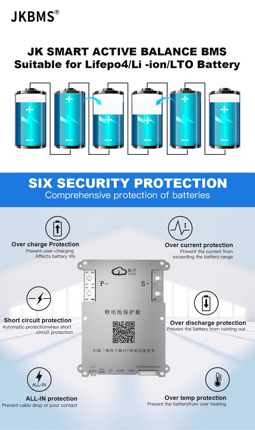 JKBMS JIKONG SMART BMS 4S 5S 6S 7S 8S 12V 24V BATTERY WITH 2A ACTIVE BALANCE HEAT FUNCTION ON SALE