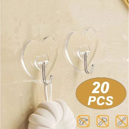 1-20Pcs Heart-shaped Transparent Stainless Steel Adhesive Hooks Bathroom Towel Clothes Storage Sticker Hooks Key Hangers Storage