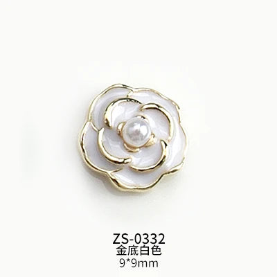 10PCS Glossy White Black Dimaonds Pearls Gold Edge Camellia Rose Flowers Metal Nail Art Rhinestones Jewelry Manicure Decorations