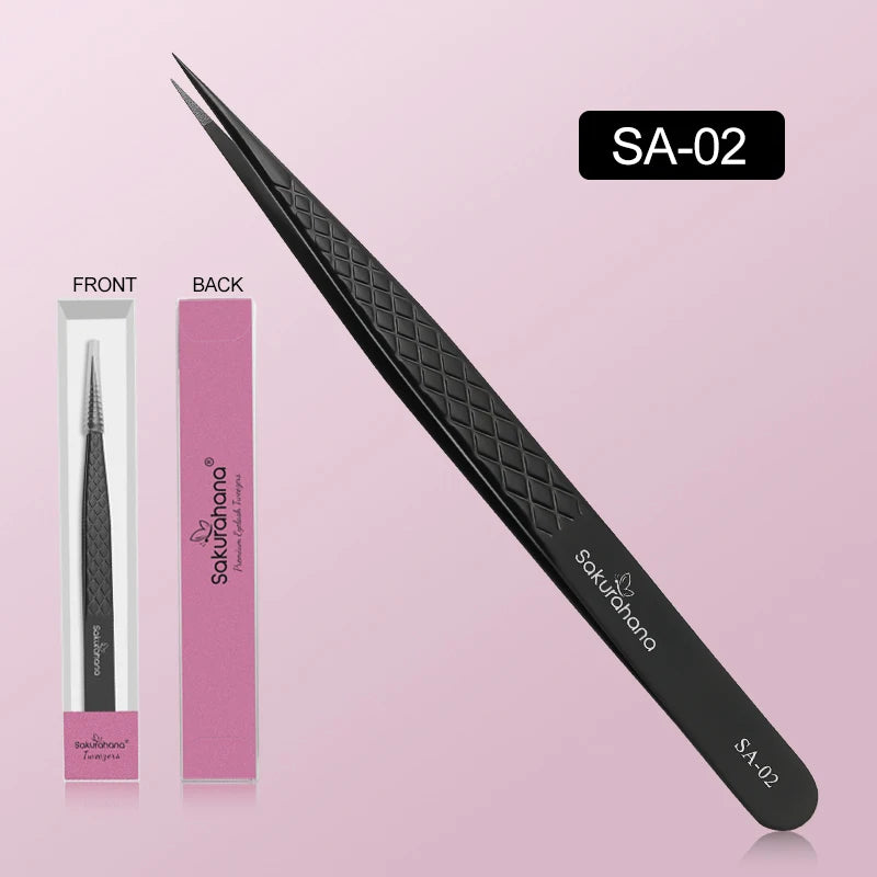 SAKURAHANA High-end Eyelash Tweezers Black Fiber Tip For Lash Extensions Mega Volume Mink Lashes Tool Straight Head Curved Tip