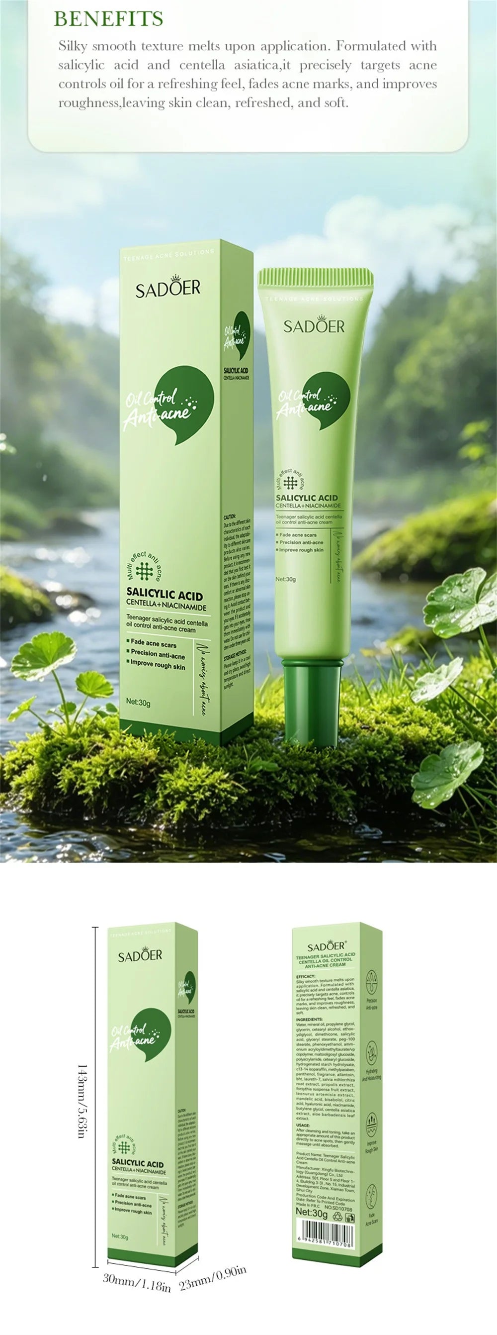 Salicylic Acid Acne Treatment Face Cream Repair Pimple Spots Deep Cleaning Pore Anti-acne Scar Oil Control Moisturizer Skin Care