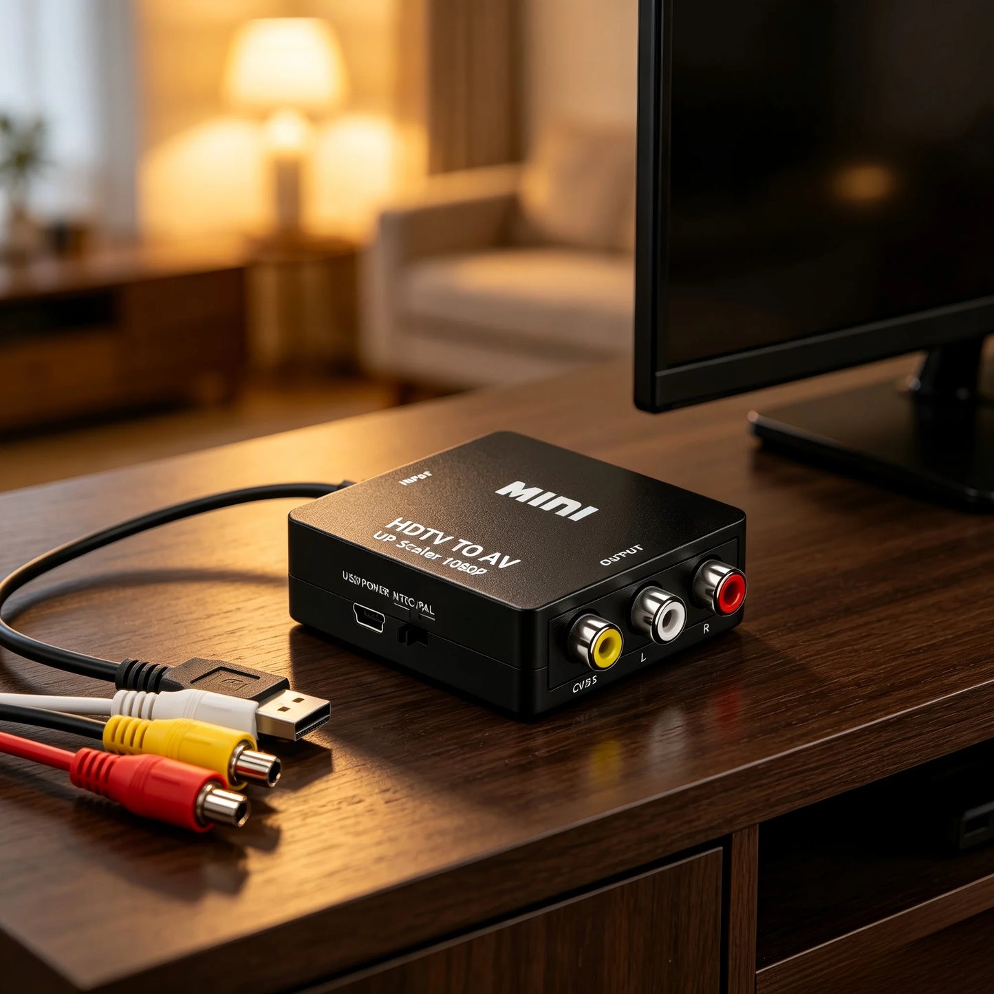 Black 1080P HDTV to AV RCA Converter Box Video Audio Composite Adapter Support CVBS LR for HDTV PC Projector
