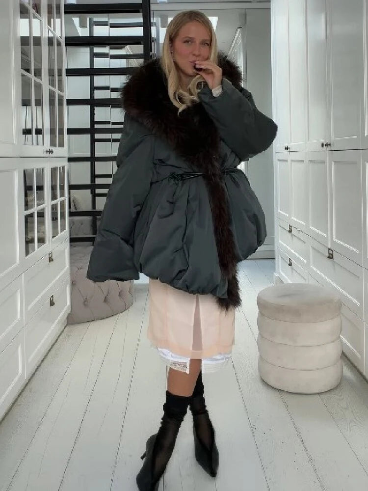 Winter Chic Faux Fur Collar Cotton Coat Women's Elegant Belted Waist Tie Oversized Warm Jacket Lady Daily Trendy Outerwear New