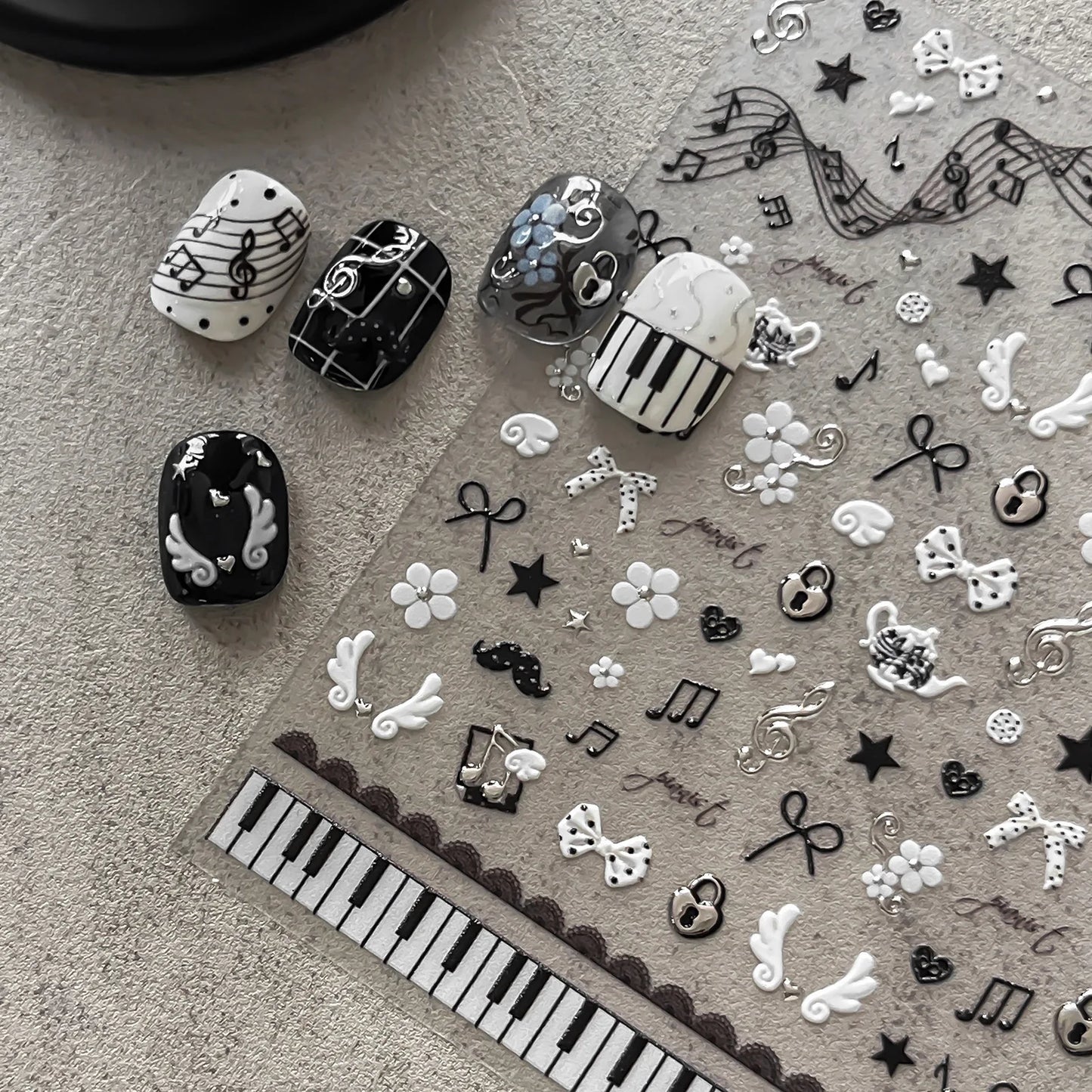 Black White Piano Note Nail Stickers Retro Music Style Sweet And cool Nail Stickers 3D Self-adhesive Nail Art Decorative Decals