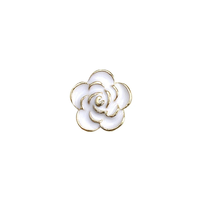 10PCS Glossy White Black Dimaonds Pearls Gold Edge Camellia Rose Flowers Metal Nail Art Rhinestones Jewelry Manicure Decorations