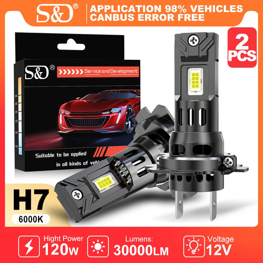 S&D H7 Led Canbus Lights Mini LED Headlight Bulb 120W 30000LM Car Headlight Turbo Car Bulb for Car Driving 6000K Automobile Lamp