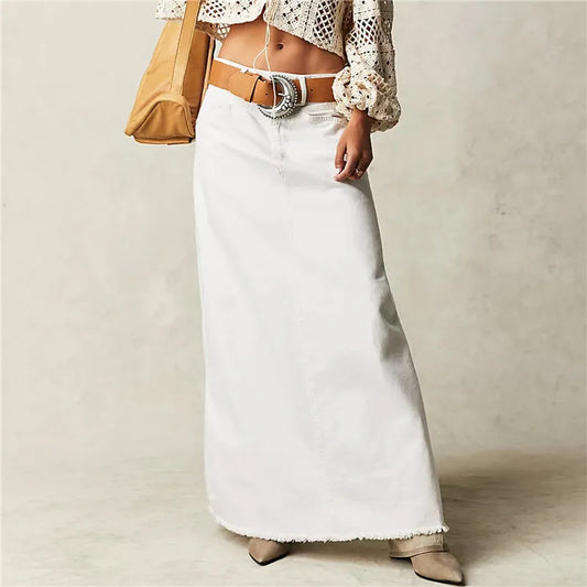 Vintage Women Denim Maxi Skirt Raw Hem A-Line Jean Skirt Casual Y2K Fashion High Waisted Long Denim Skirt with Pockets
