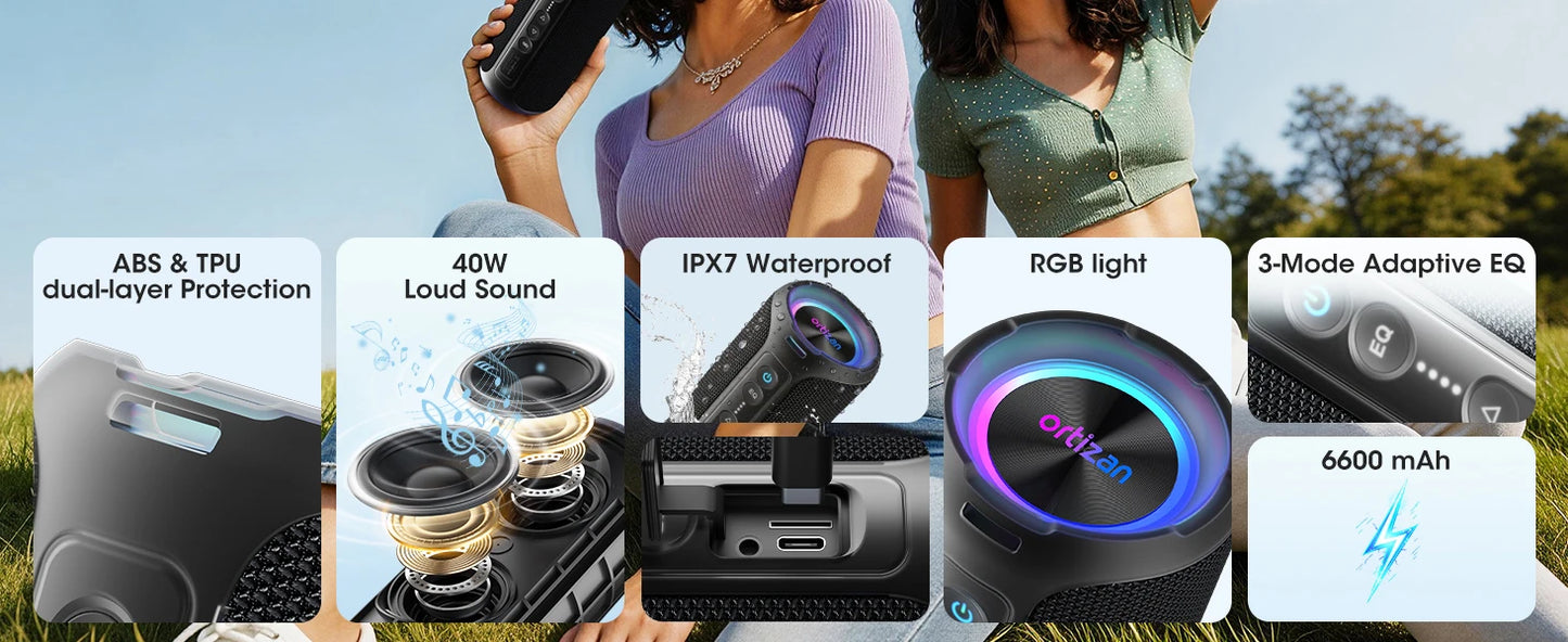 Ortizan Bluetooth Speaker, 40W Peak Outdoor Portable Loud Speakers Wireless with Deep Bass, USB/AUX/TF Card Port, RGB Light, TWS Stereo, EQ, IPX7 Waterproof for Party, Beach, Kayaking, Camping, Backyard, Garage