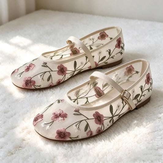 Summer Mesh Embroidered Flower Ballet Flats Women Light Breathable Mary Jane Shoes Luxury Designer Flats Comfortable Casual Shoe