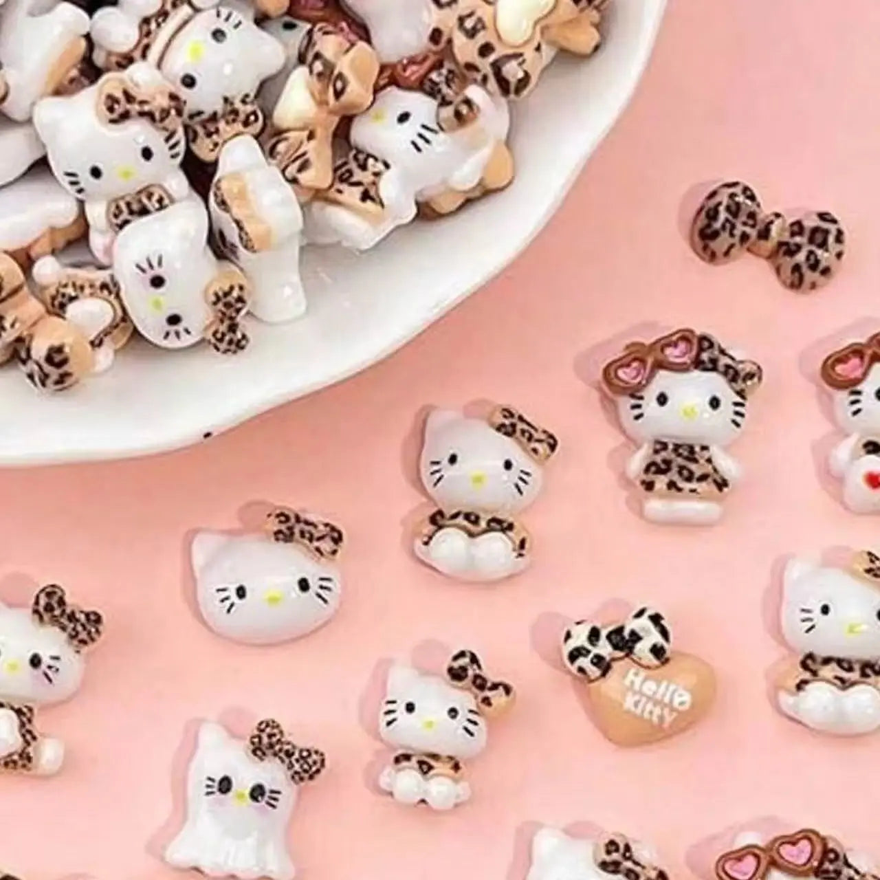 50Pcs Leopard Print Hello Kitty Nail Charms 3D Resin Cartoon Kitty Nail Parts DIY Manicure Decor Accessories