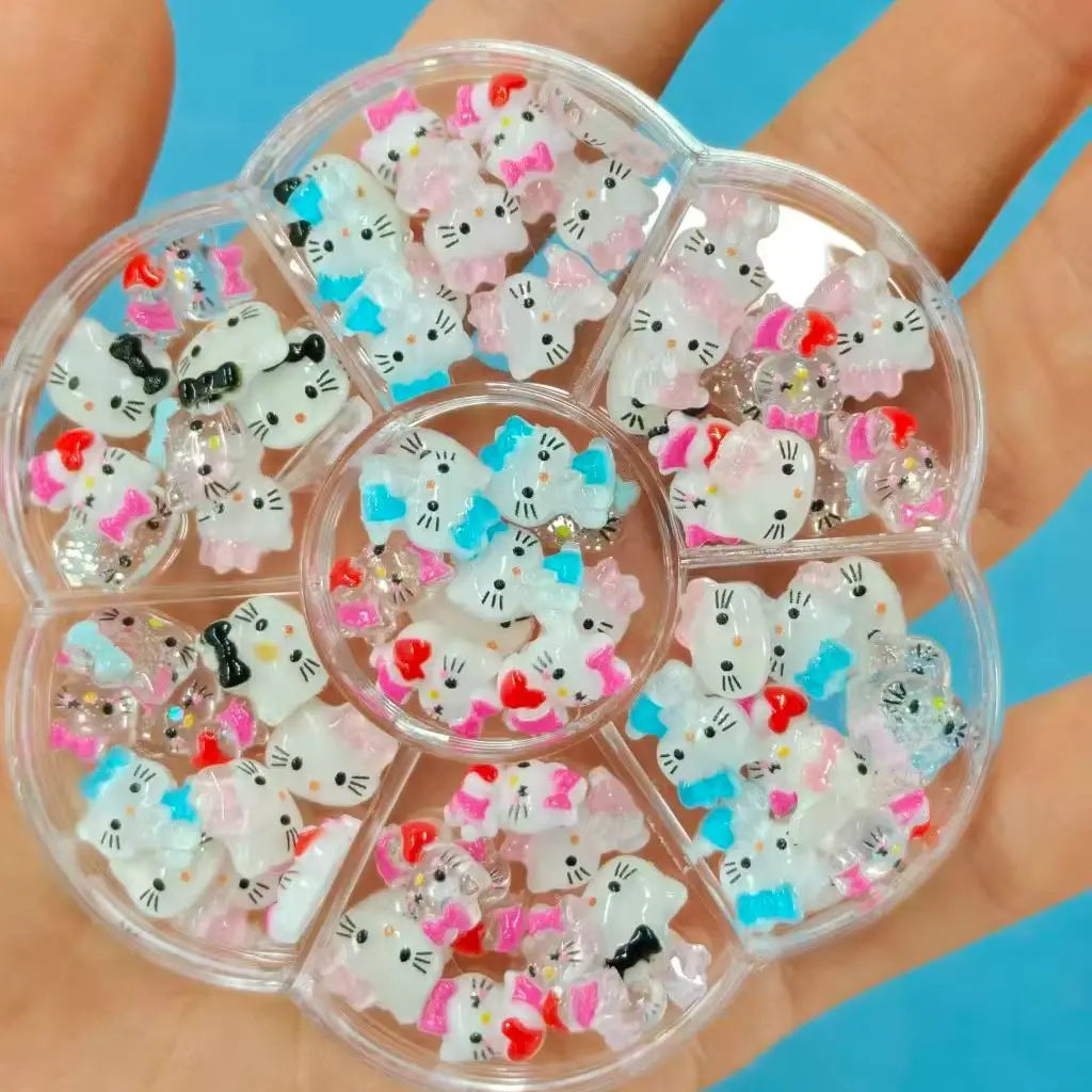 50Pcs Leopard Print Hello Kitty Nail Charms 3D Resin Cartoon Kitty Nail Parts DIY Manicure Decor Accessories