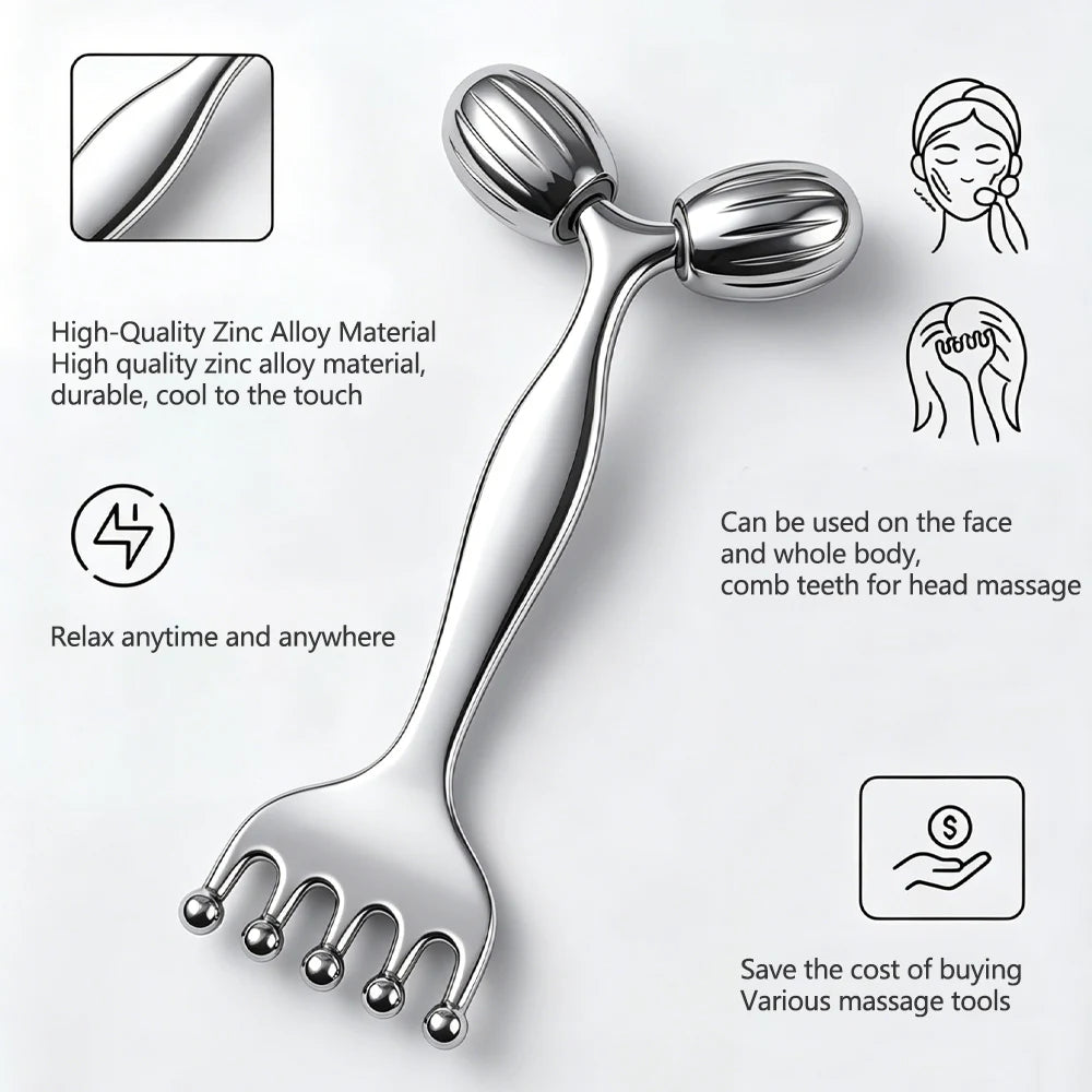 Stainless Steel Face Roller & Gua Sha, Facial Massager with Scalp Comb, Skin Lifting & Puffiness Reducing Massage Tools for Face