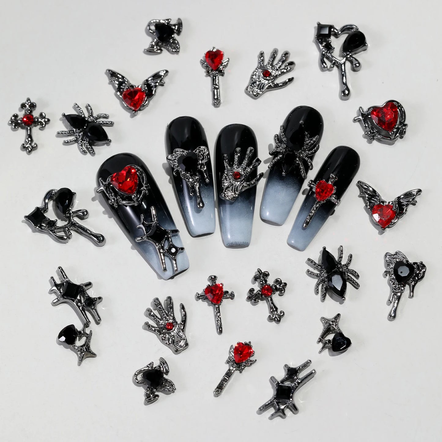 12 Grid Retro Alloy Nail Art Jewelry Gothic Punk Style Y2k Heart-Shaped Cross Spider Pattern DIY Nail Decoration Accessories