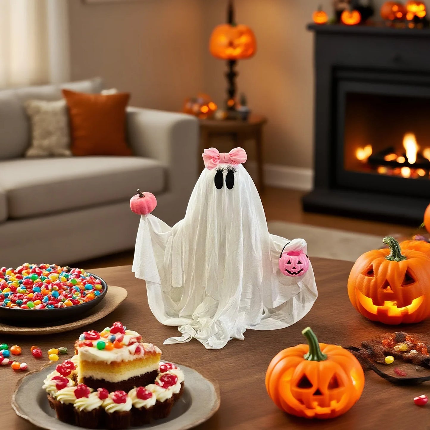 Halloween Ghost Holding Pink Pumpkin Halloween Decorations Indoor Spooky Ghost Decor Halloween Party Desktop Decoration Ornament