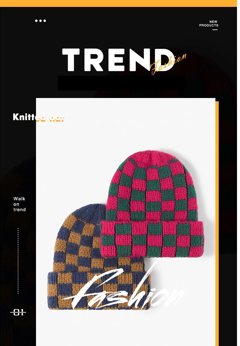 Winter Hats for Woman New Men Beanie Knitted Hat Girl Black White Check Plaid Chess Beanie Gorros Warm Bonnet Ladies Casual Cap