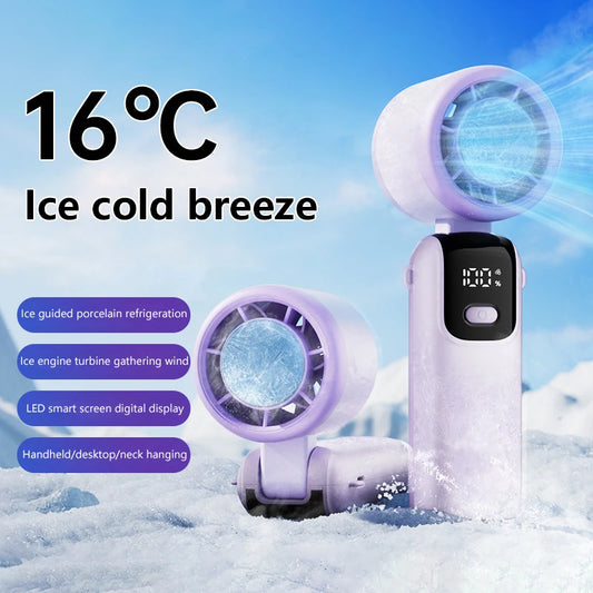 Refrigeration Handheld High-speed Electric Fan Speed Adjustable Folding Neck Hanging Ice Pack Portable Fan for Office Outdoor
