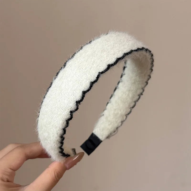 Autumn Winter Plush Ribbon Headbands Black White Cashmere Knit Hairband Women's Elegant Hair Accessories Warm Headwrap Non-slip